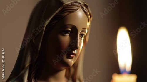 A solemn statue of the Virgin Mary is softly illuminated by the warm, gentle glow of a candle flame.