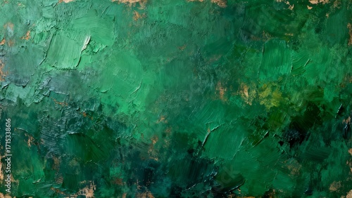 This image presents a textured abstract painting with layered green hues and subtle metallic accents, suitable for use in art exhibitions, interior design inspiration, and creative background design f
