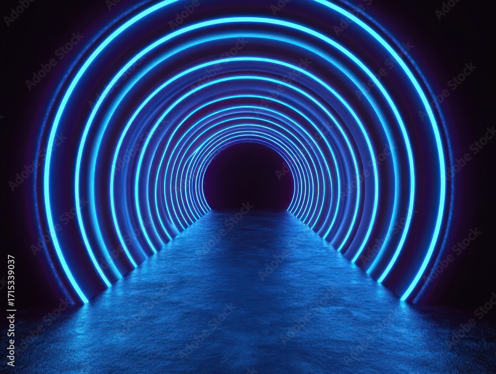 Fototapeta premium Futuristic tunnel with glowing blue neon circular rings creating a sense of depth and mystery on a textured floor
