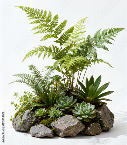 A variety of lush green succulents and delicate ferns grow together with moss and grey rocks on a clean white studio background.