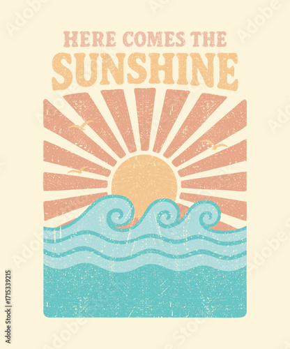 
Sunshine Wave. Here come the sun. Summer vibes artwork. Sunshine paradise graphic print design. Surf club design. Beach modern abstract art. Ocean beach abstract vector wave.