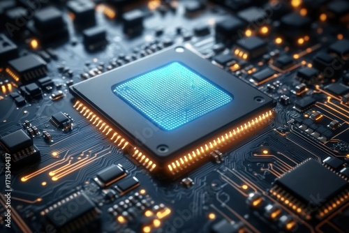 Wallpaper Mural Close-up of a blue illuminated central processing unit mounted on a circuit board with glowing orange pathways and surrounding electronic components Torontodigital.ca