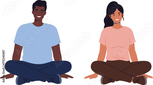 Man and woman sitting in lotus pose, meditating together, mindfulness practice, calm relaxation, wellness illustration for mental health