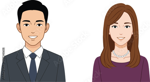 Professional man and woman headshots, smiling business people, corporate avatars, office staff portraits, formal workplace illustration