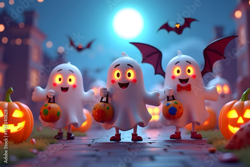 A cozy Halloween night scene with tiny glowing pumpkins