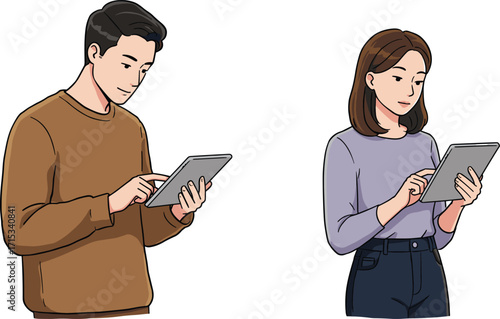 Tablet interaction illustration, digital device usage, vector people using technology, casual lifestyle, flat design, modern pose, tech concept, focused, minimal