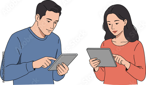 Tablet interaction illustration, digital device usage, vector people using technology, modern lifestyle, flat design, casual pose, tech concept, focused, minimal