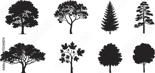 Tree silhouette vector collection, natural forest illustration, seasonal tree artwork, outdoor landscape design, black nature shapes, woodland plant graphic background