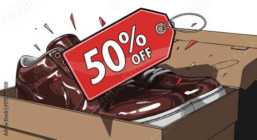 50 Off Sale on Brown Sneakers in a Box Discount Retail Shopping Concept