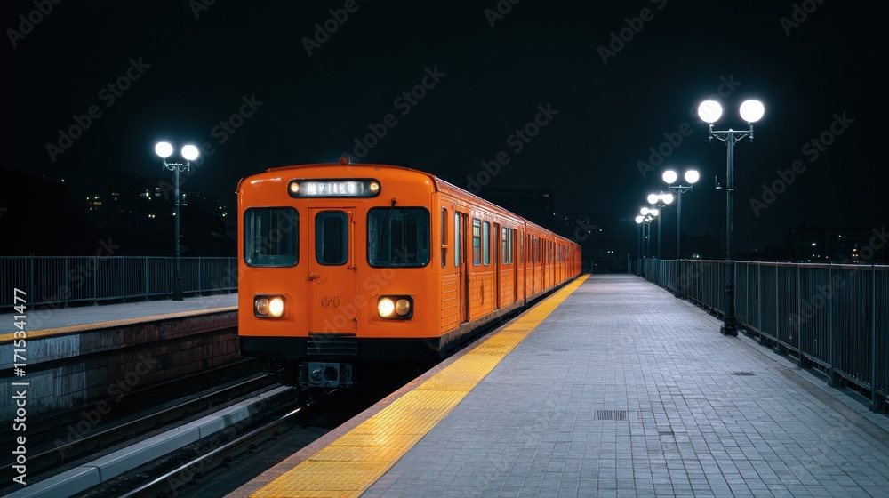 Fototapeta premium Bright Orange Train at Night on Urban Subway Platform with Yellow Line and Street Lights