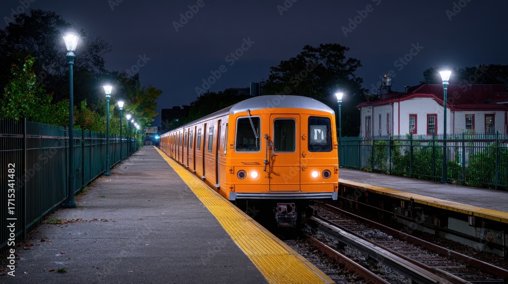 Naklejka premium Bright Orange Subway Train on Nighttime Platform with Streetlights and Urban Surroundings