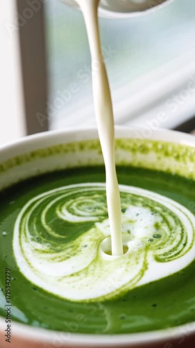 Wallpaper Mural Milk pouring into green matcha tea in ceramic bowl creating swirl and splash. Closeup macro shot of drink preparation. Beverage and refreshment concept. Vertical video
 Torontodigital.ca
