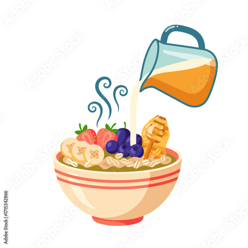 Pouring milk on a delicious bowl of oatmeal topped with fresh fruit and honey for a healthy breakfast