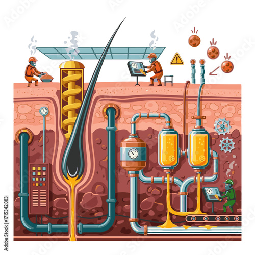 Hair follicle factory illustration shows hair growth process for science or medical education materials
