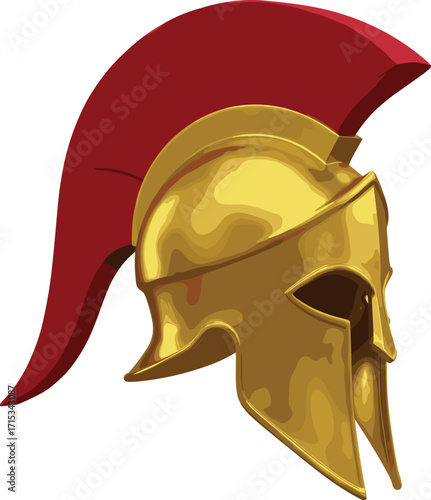 Ancient Spartan warrior helmet illustration, golden Greek armor vector, historical gladiator headgear, Roman helmet design, medieval battle protection artwork
