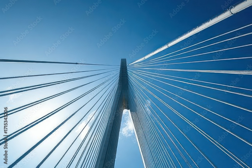 Obraz premium Upward view of a cable-stayed bridge with symmetrical steel cables against a clear blue sky and soft clouds, showcasing modern engineering and architectural design