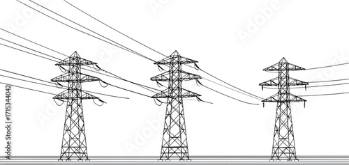 High voltage electricity transmission tower, power line pylon illustration, energy distribution structure, industrial grid system, electrical infrastructure vector, utility engineering design