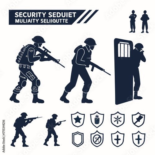 “Security and military silhouette set: soldiers, police officers, shields, weapons, army icons, guard figures, protection silhouettes for law enforcement, defense branding, tactical vector illustratio