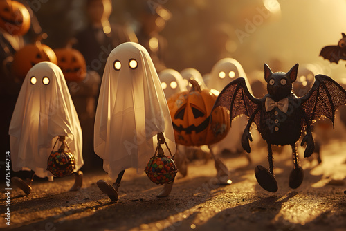 A cozy Halloween night scene with tiny glowing pumpkins