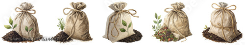 Tied and rustic burlap compost bags brimming with fertile soil and sprouting seedlings, evoking growth and natural abundance for gardening projects.