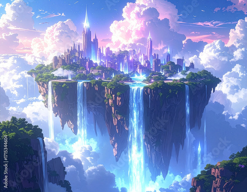 Anime-style floating city in the sky with waterfalls and glowing crystals, bright and majestic scenery
