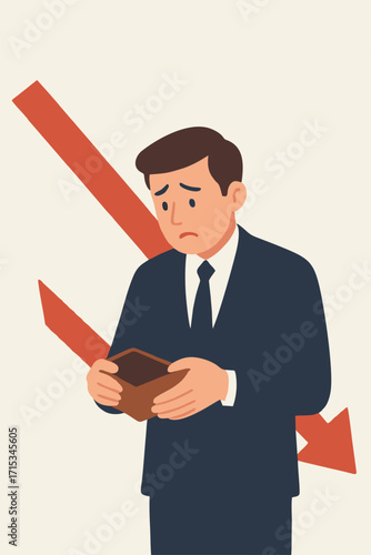 Flat Vector Illustration of Worried Businessman with Empty Wallet and Red Downward Arrow — Bankruptcy & Financial Crisis Concept