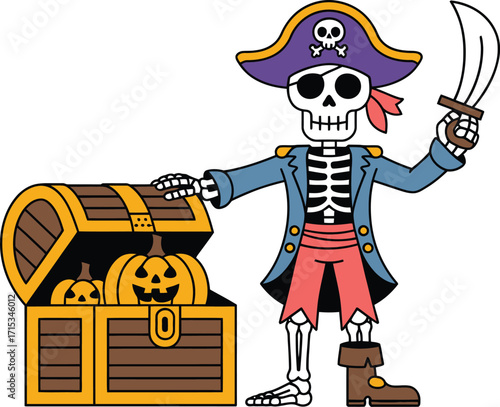 Skeleton pirate with treasure chest and pumpkins vector