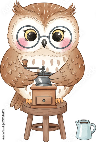 Cute owl with glasses grinding coffee on a stool.