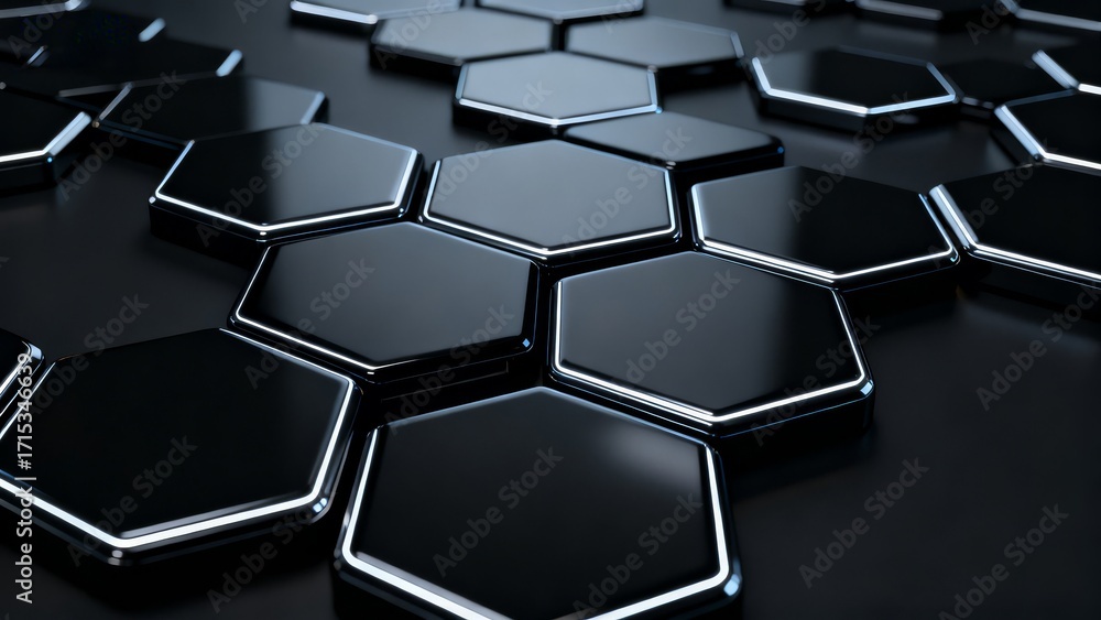 The image features a pattern of glossy black hexagonal shapes with glowing edges, suitable for use in the fields of technology, digital design, and futuristic - themed visual projects.