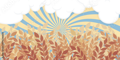 Rice ears on a swirl pattern background with white clouds on top, used for harvest design decoration.