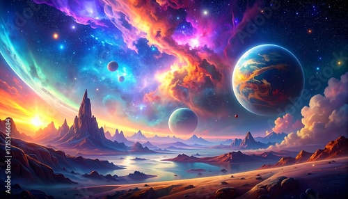 A vibrant, otherworldly landscape with soaring mountains, a serene lake, and celestial bodies in a colorful, vibrant sky.