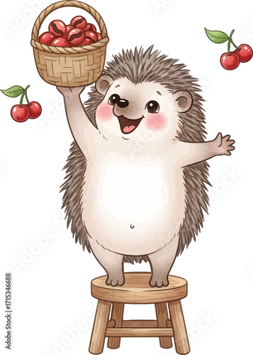 Cartoon hedgehog standing on a stool holding a basket of cherries.