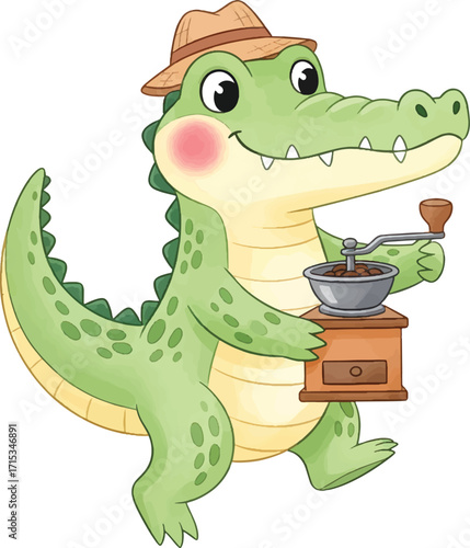 Cartoon alligator grinding coffee beans with a hand-cranked coffee grinder.
