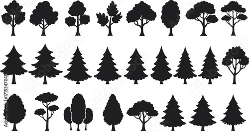 Tree silhouette vector collection, forest illustration design, nature eco graphic, black woodland shapes, evergreen pine and deciduous tree pattern set