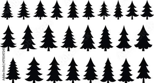 Pine tree silhouette forest illustration, evergreen nature background, black Christmas tree pattern, coniferous woodland design, simple natural environment symbol, eco graphic