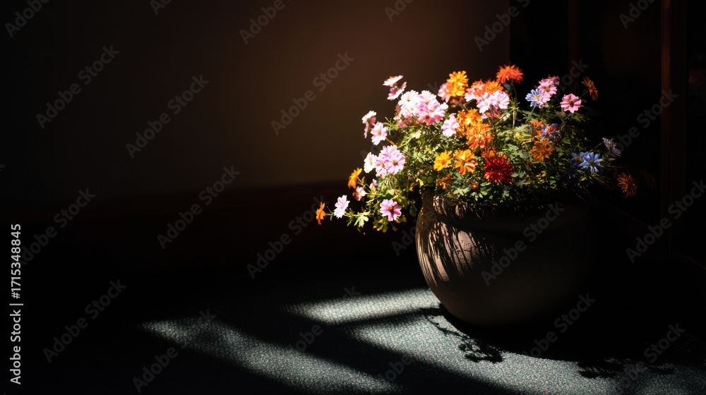 Fototapeta premium Flowers in a pot, bathed in light