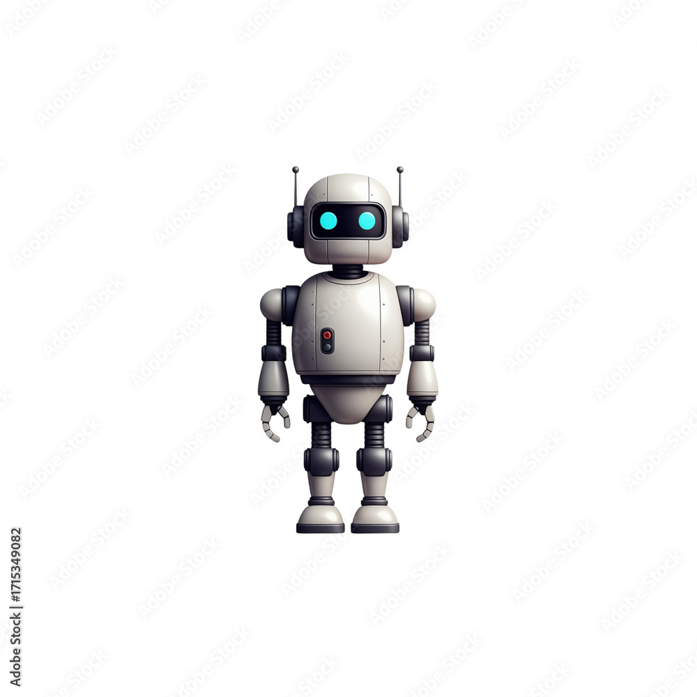 Naklejka premium Futuristic white robot with glowing blue eyes and antennas android technology isolated on a transparent background
