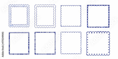 Collection of eight decorative blue hand drawn borders and frames on a white background