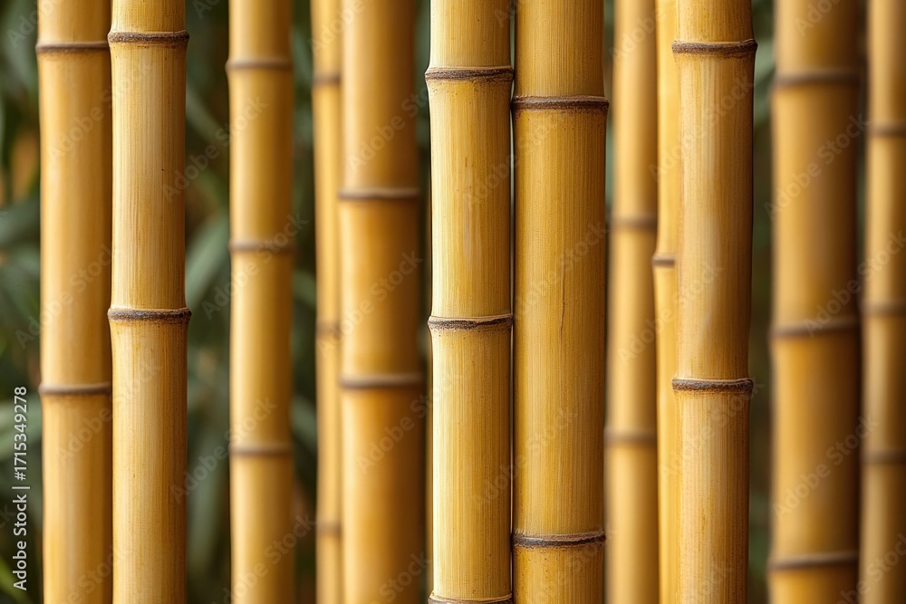Fototapeta premium Close-up of multiple upright yellow bamboo stalks with visible nodes and natural texture, blurred green foliage background