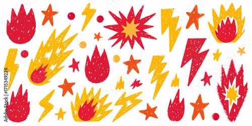 Collection of hand drawn red and yellow fire flames lightning bolts stars and explosions on white background