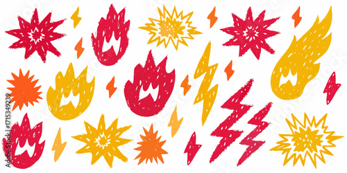 Collection of hand drawn fiery explosions and lightning bolts in red yellow and orange