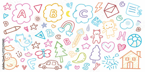 Whimsical hand drawn doodle collage featuring alphabet letters animals and objects for kids learning and creativity