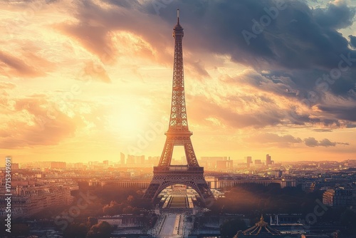 Eiffel Tower towering over Paris cityscape during vibrant sunset with dramatic clouds and warm golden light illuminating the skyline