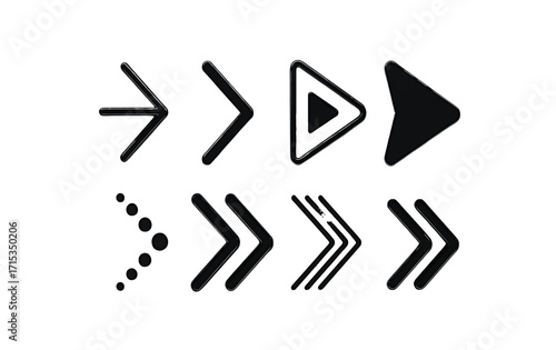 Collection of Black Arrows and Play Buttons on White Background direction pointer