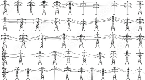 High voltage electricity pylons, power transmission towers, energy distribution lines, industrial infrastructure, electrical grid system, utility structures, engineering network, electric power supply