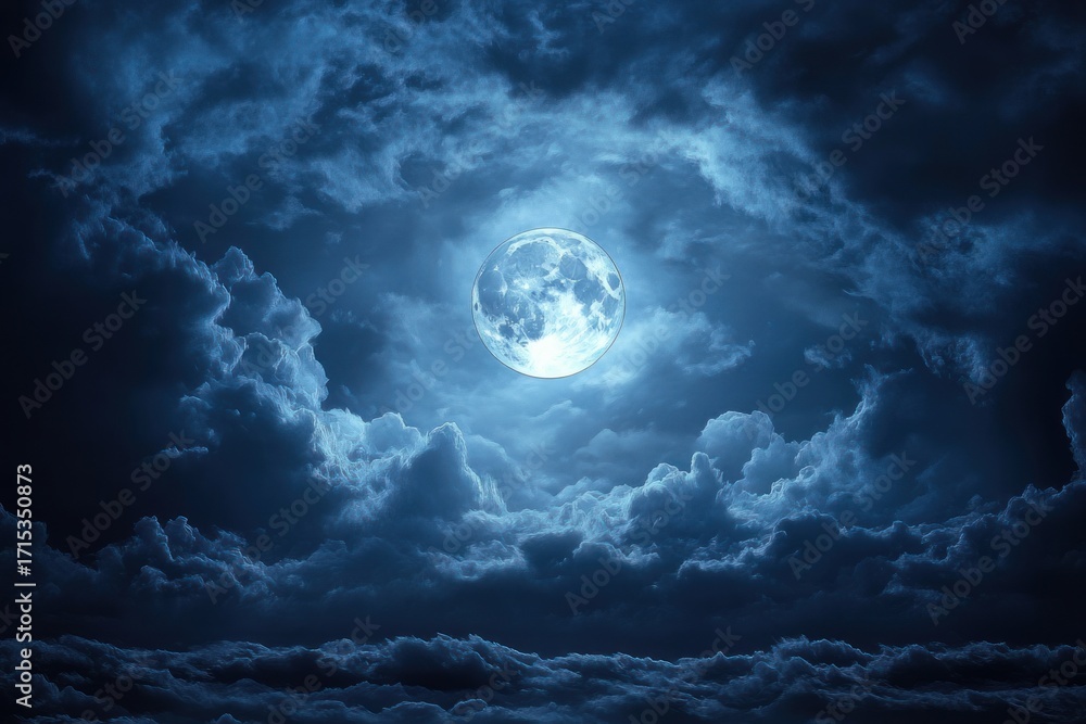 Fototapeta premium Bright full moon shining through dense dark clouds in a dramatic night sky