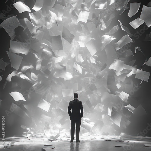 A solitary man in a suit stands facing a swirling chaos of thousands of illuminated floating papers, evoking a sense of overwhelm and contemplation in a misty gray environment