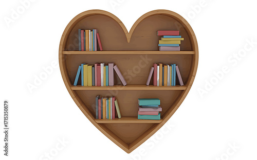 Heart shaped wooden bookshelf filled with colorful books love reading