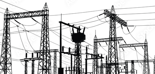 High voltage electricity substation, power transmission towers, industrial energy grid, electrical infrastructure, transformer station, distribution system
