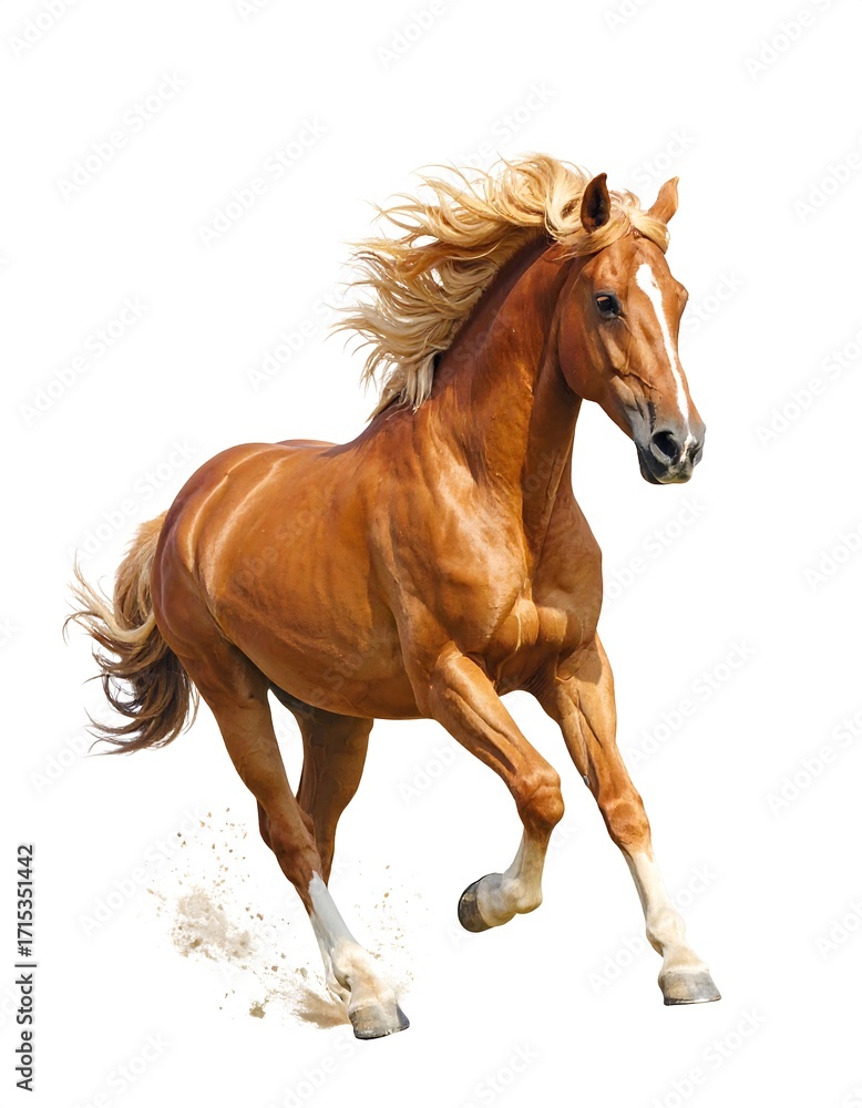 Obraz premium A magnificent chestnut horse in full gallop against a stark white background displays powerful musculature and a flowing mane and tail.